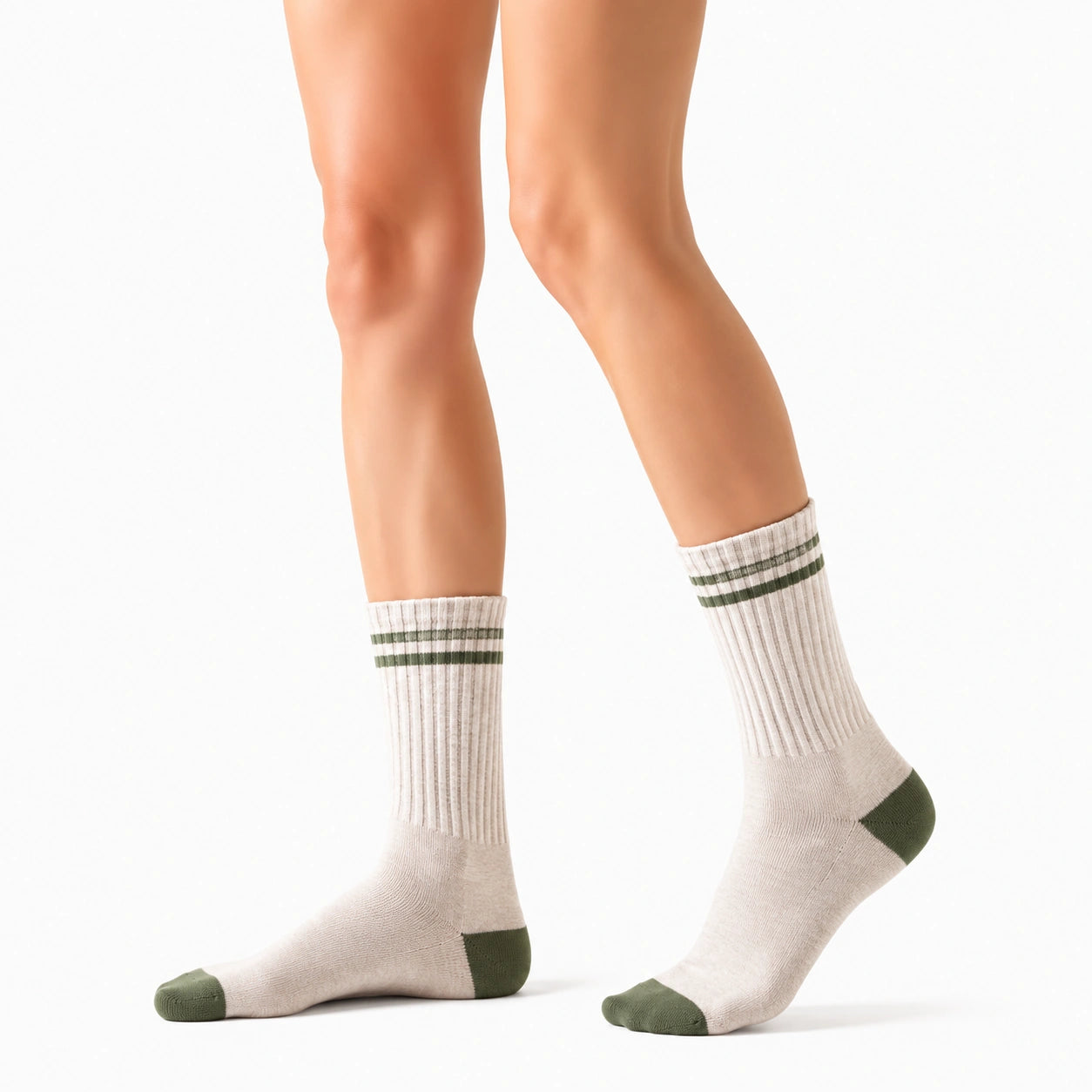 Calze sportive 35-38 in tessuto a coste beige e verde con rinforzi