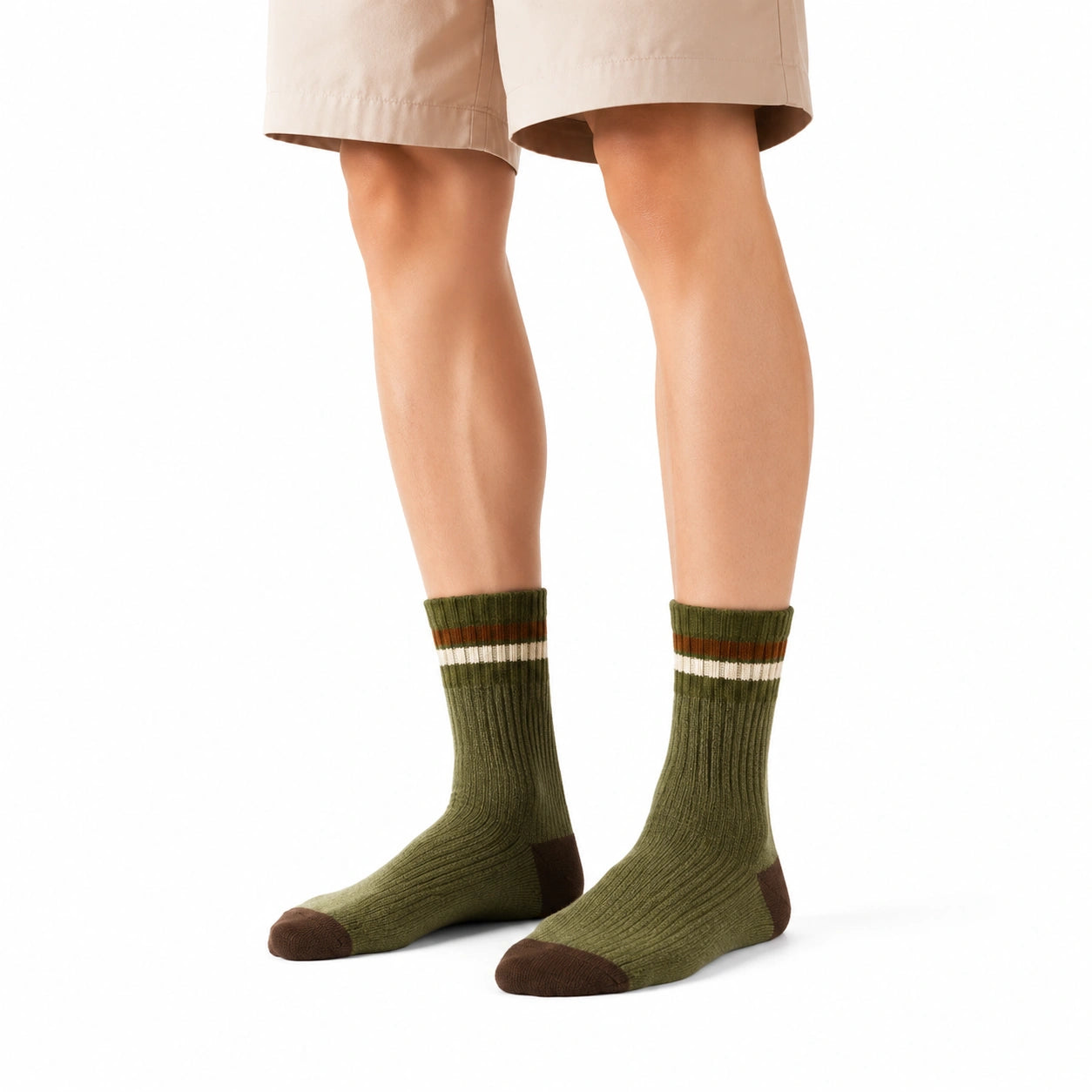 Calze medie 39-42 in maglia verde oliva e marrone a righe stile sportivo